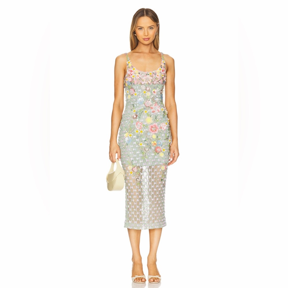 Pastel Green Floral Appliqué Midi Dress